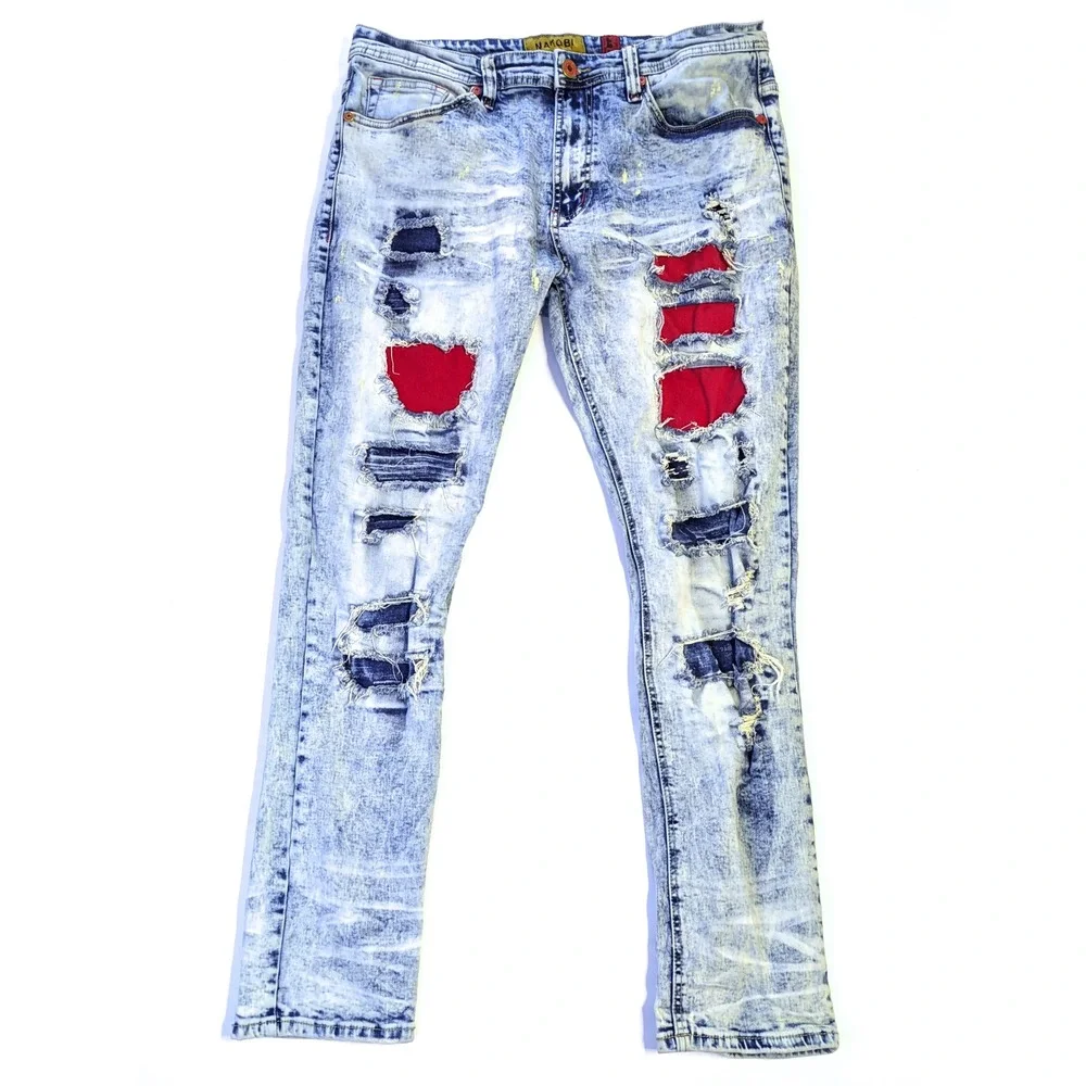 Makobi Men's Acid Wash Distressed Red Ripped Patch Jeans M1773 Blue 38x32 - Picture 1 of 8